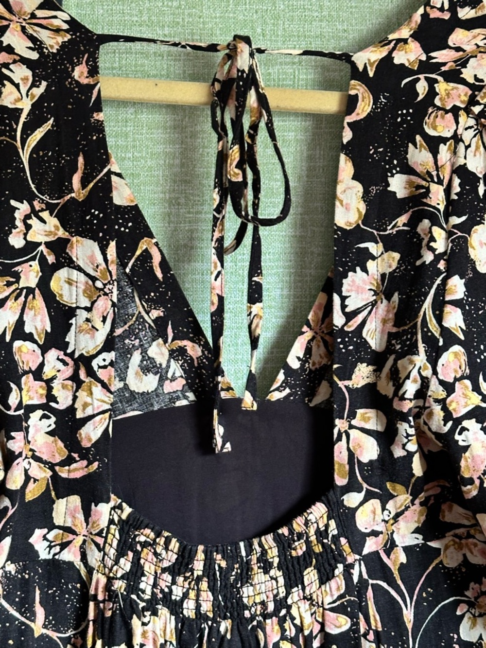 Free People Balloon Sleeve Black + Neutral Floral Print Linen Mini Dress, Size M - Picture 4 of 8